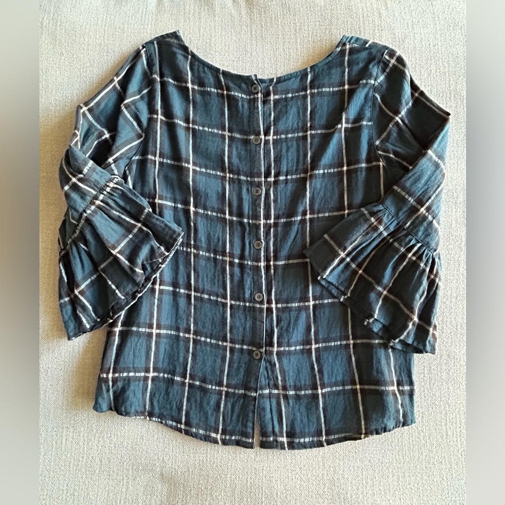 ANAMA Teal Blue Plaid Blouse with 3/4 Ruffle Sleeves & Button Down Back